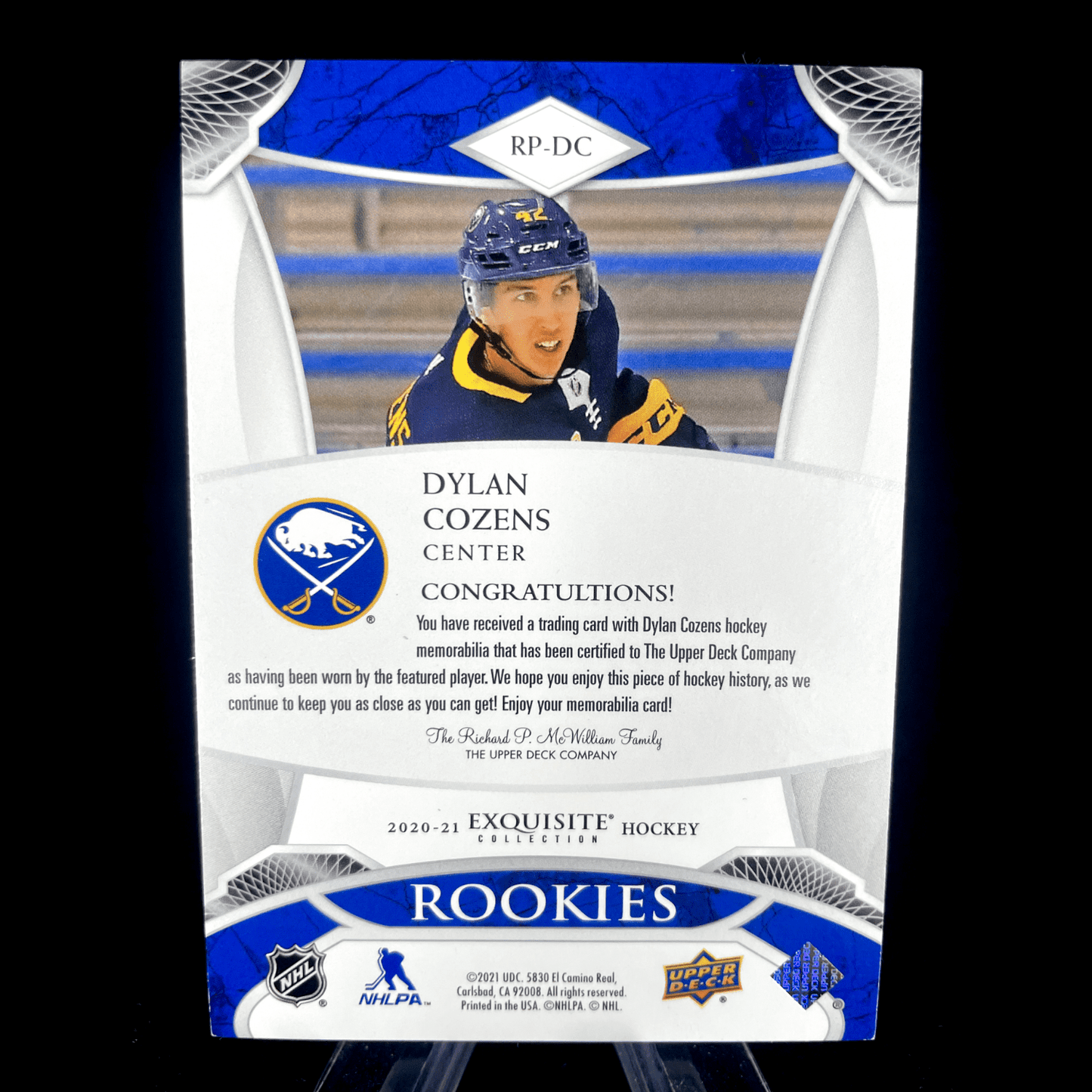Dylan Cozens 2020-21 Upper Deck Exquisite Rookie Patch /99