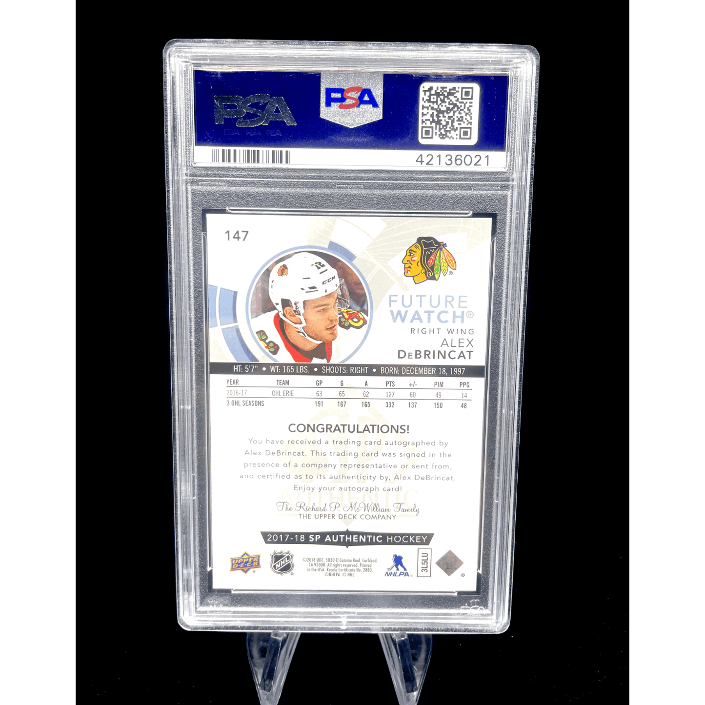 Alex Debrincat 2017-18 SP Authentic Future Watch Rookie Auto /999 PSA 10 Mint