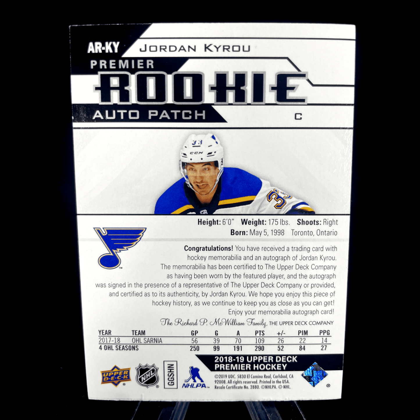 Jordan Kyrou 2018-19 Upper Deck Premier Rookie Patch Auto /249