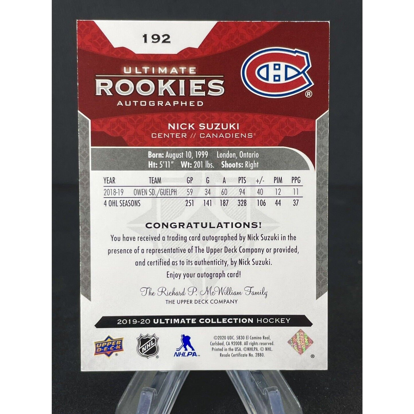 Nick Suzuki 2019-20 Upper Deck Ultimate Collection Rookie Auto 53/99