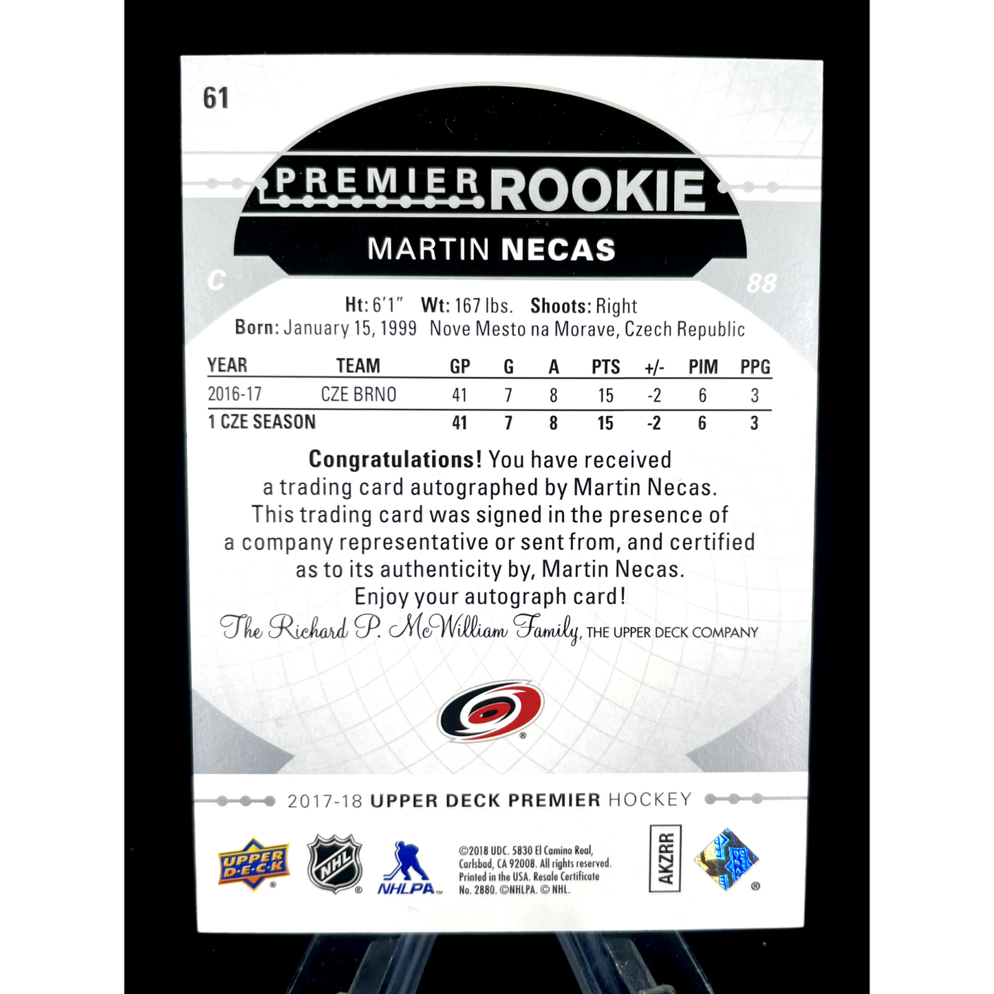 Martin Necas 2017-18 Upper Deck Premier Rookie Hard Signed Rookie Auto