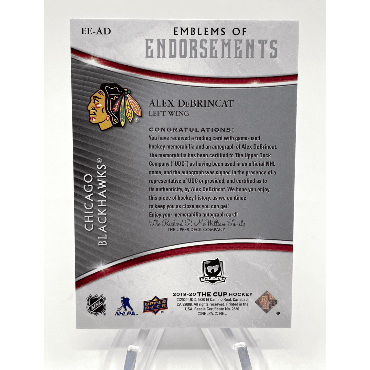 Alex Debrincat 2019-20 Upper Deck The Cup Emblems of Endorsements Patch Auto /15