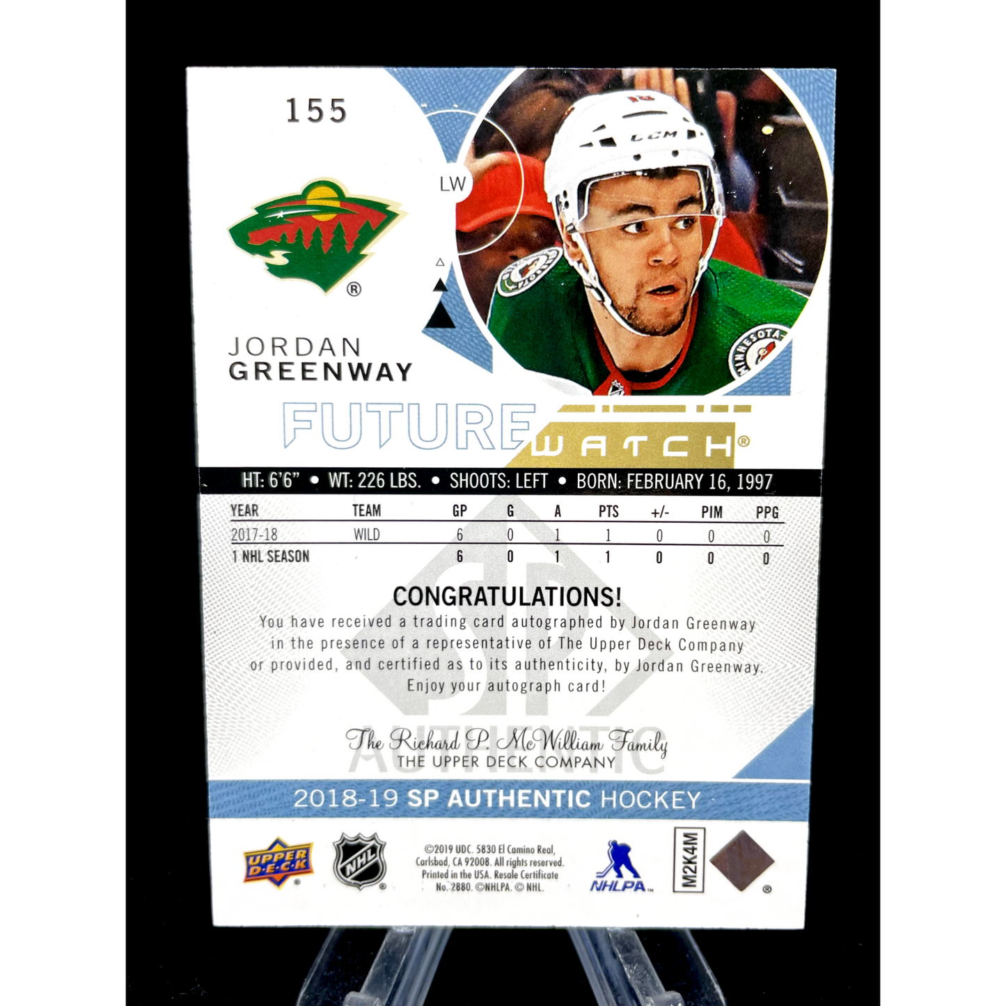 Jordan Greenway 2018-19 SP Authentic Future Watch Rookie Auto Inscribed /50 /999