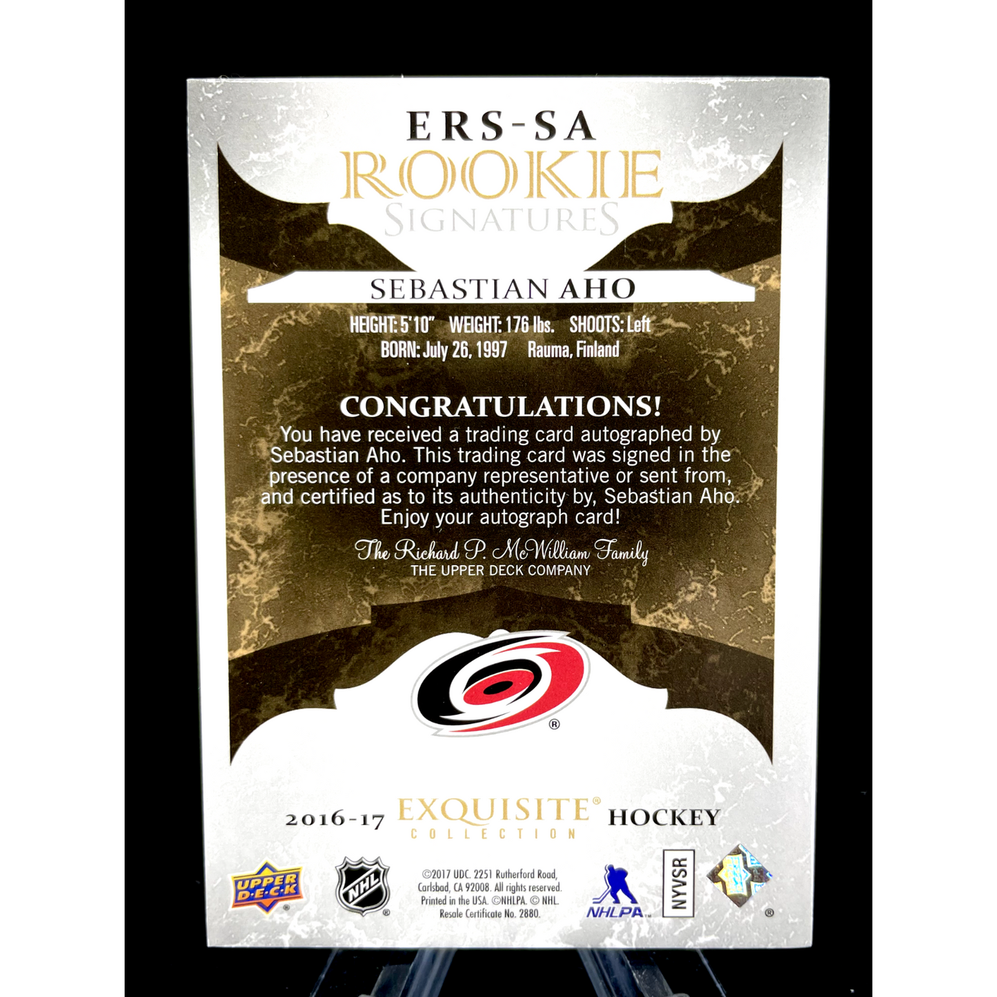 Sebastian Aho 2016-17 Upper Deck Exquisite Rookie Signatures Auto 132/225