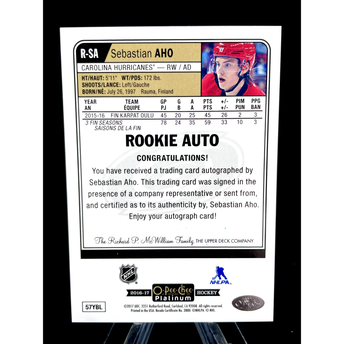 Sebastian Aho 2016-17 Upper Deck OPC O-Pee-Chee Platinum Rookie Auto Hard Signed