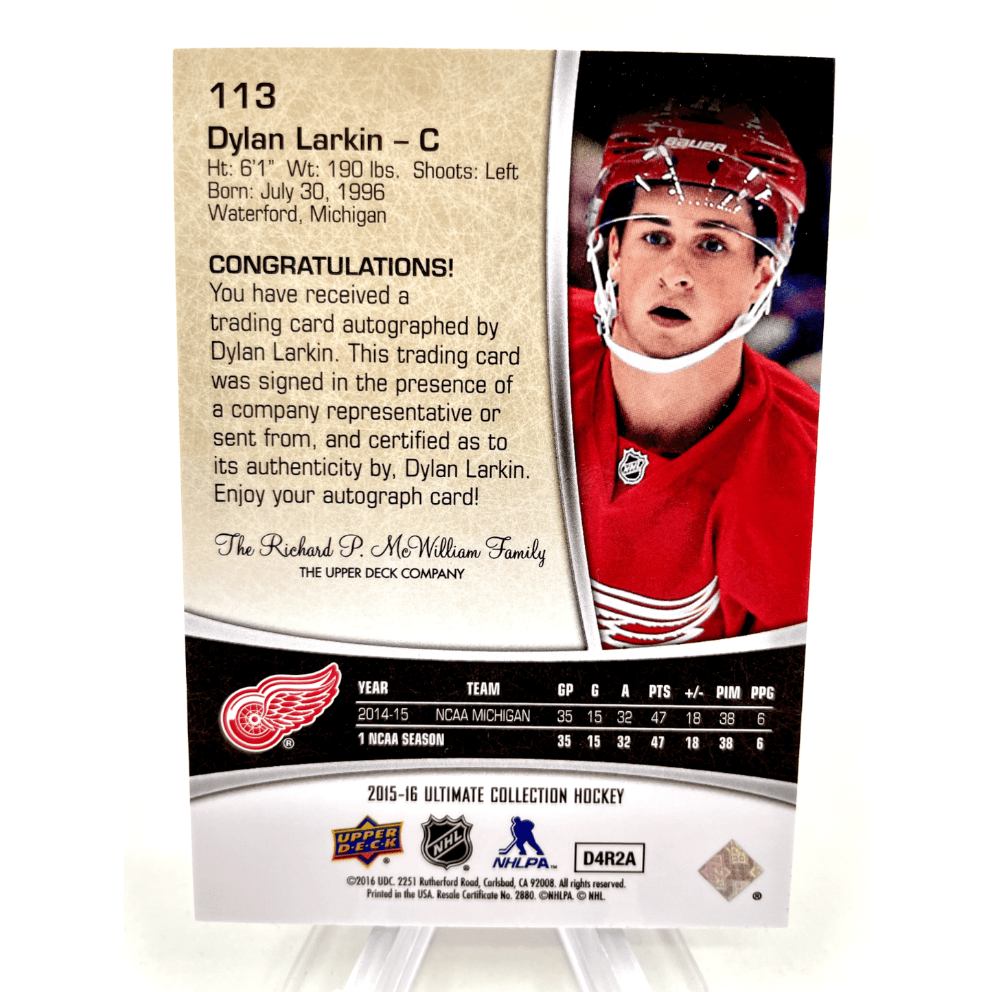 Dylan Larkin 2015-16 Upper Deck Ultimate Collection Rookie Auto 46/99