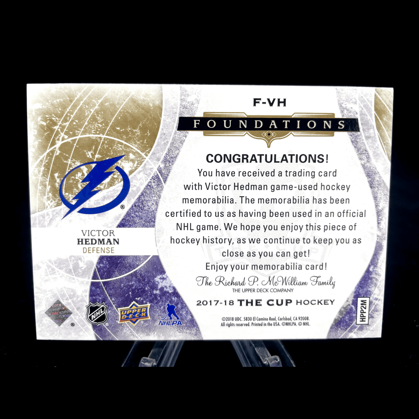 Victor Hedman 2017-18 Upper Deck The Cup Foundations Quad Jersey /25