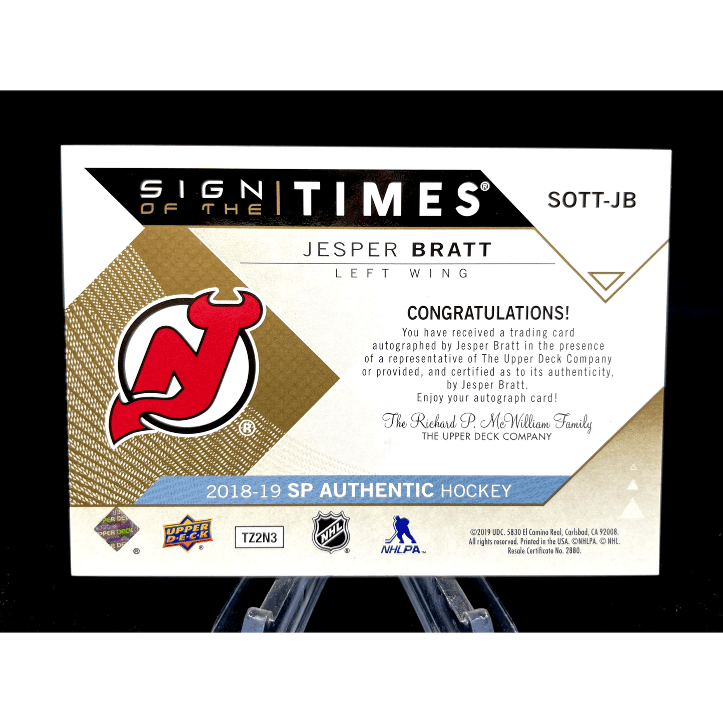 Jesper Bratt 2018-19 SP Authentic Sign of the Times Auto "Devils Hockey" 47/50