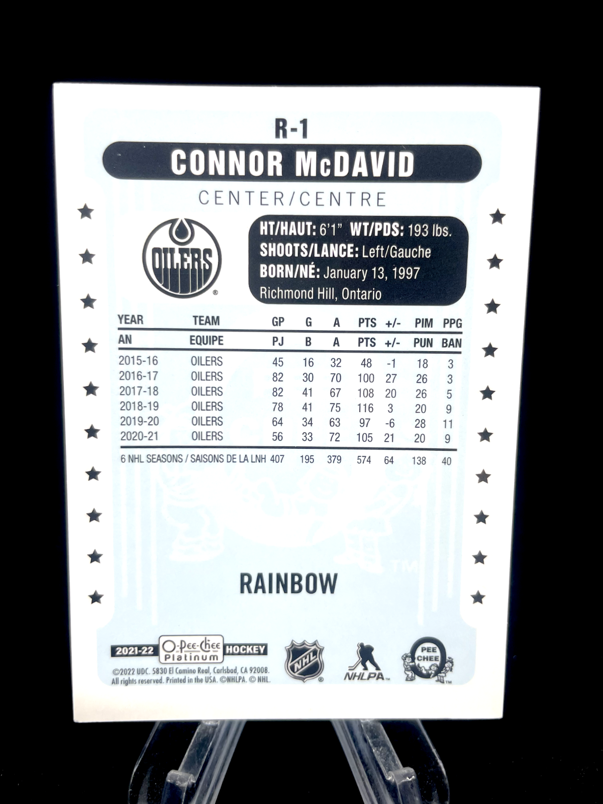 Connor McDavid 2021-22 Upper Deck O-Pee-Chee OPC Platinum Retro Rainbow R-1