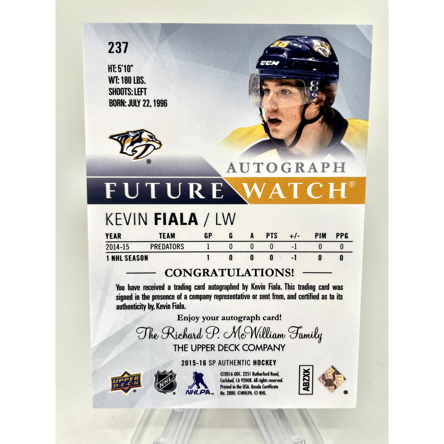 Kevin Fiala 2015-16 Upper Deck SP Authentic Future Watch Rookie Auto /999