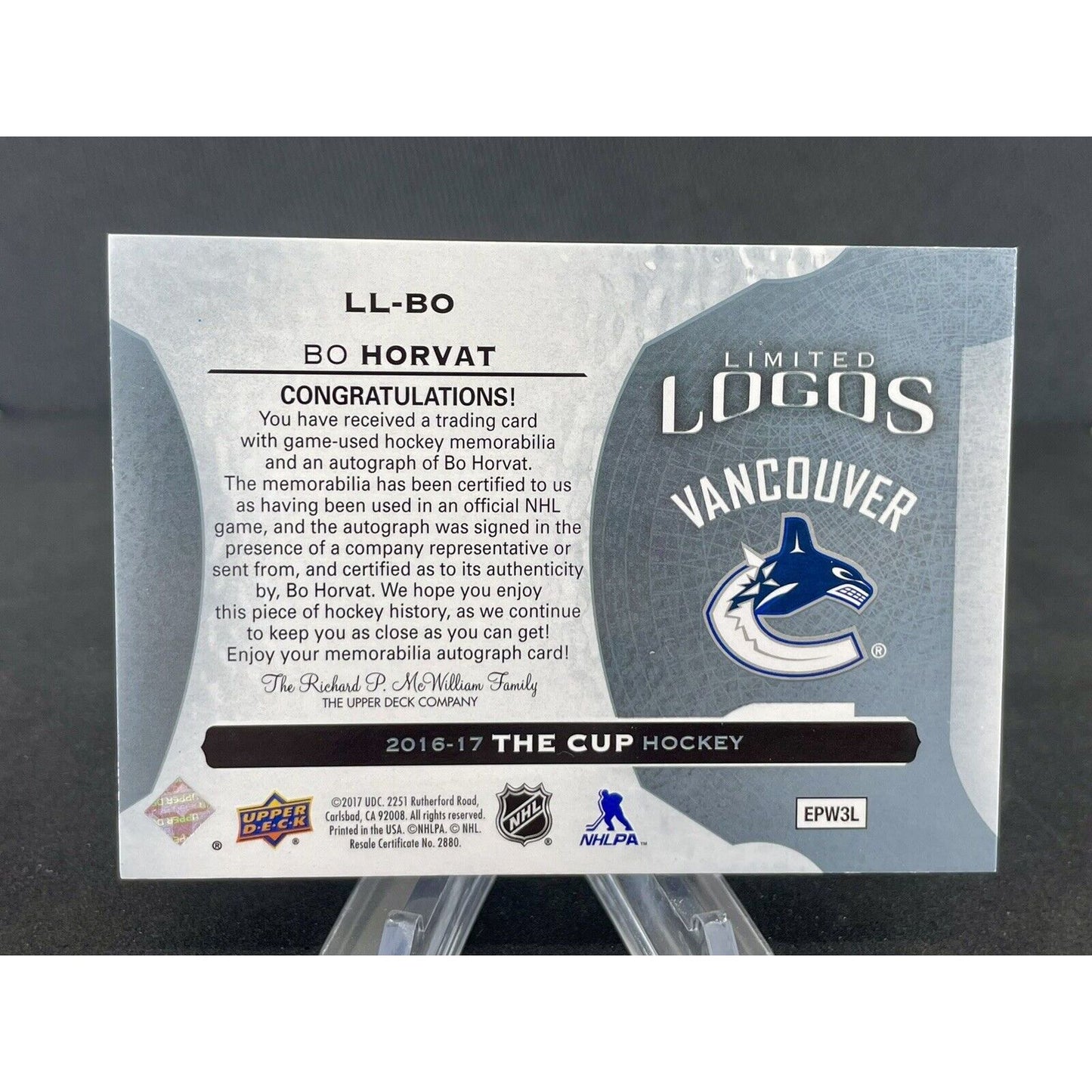 Bo Horvat 2016-17 Upper Deck The Cup Limited Logos Patch Auto /50