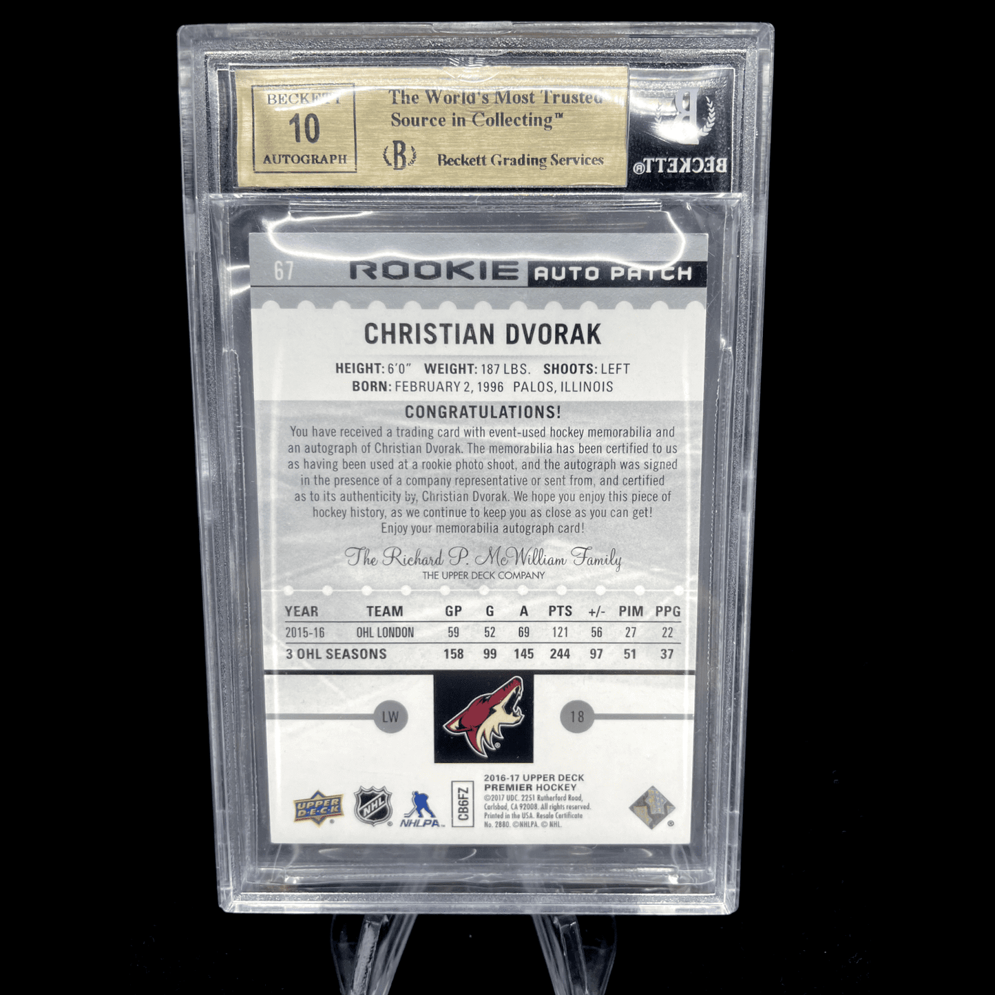 Christian Dvorak 2016-17 Upper Deck Premier Rookie Patch Auto Graded BGS 9.5 Gem