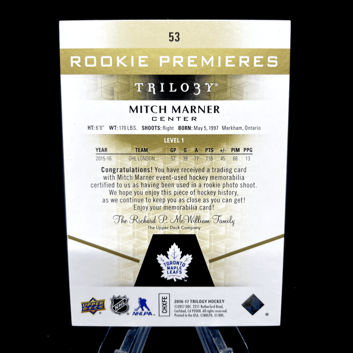 Mitch Marner 2016-17 Upper Deck Trilogy Level 1 Rookie Jersey 193/399