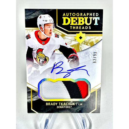 Brady Tkachuk 2018-19 Upper Deck Ultimate Debut Threads Rookie Patch Auto /99