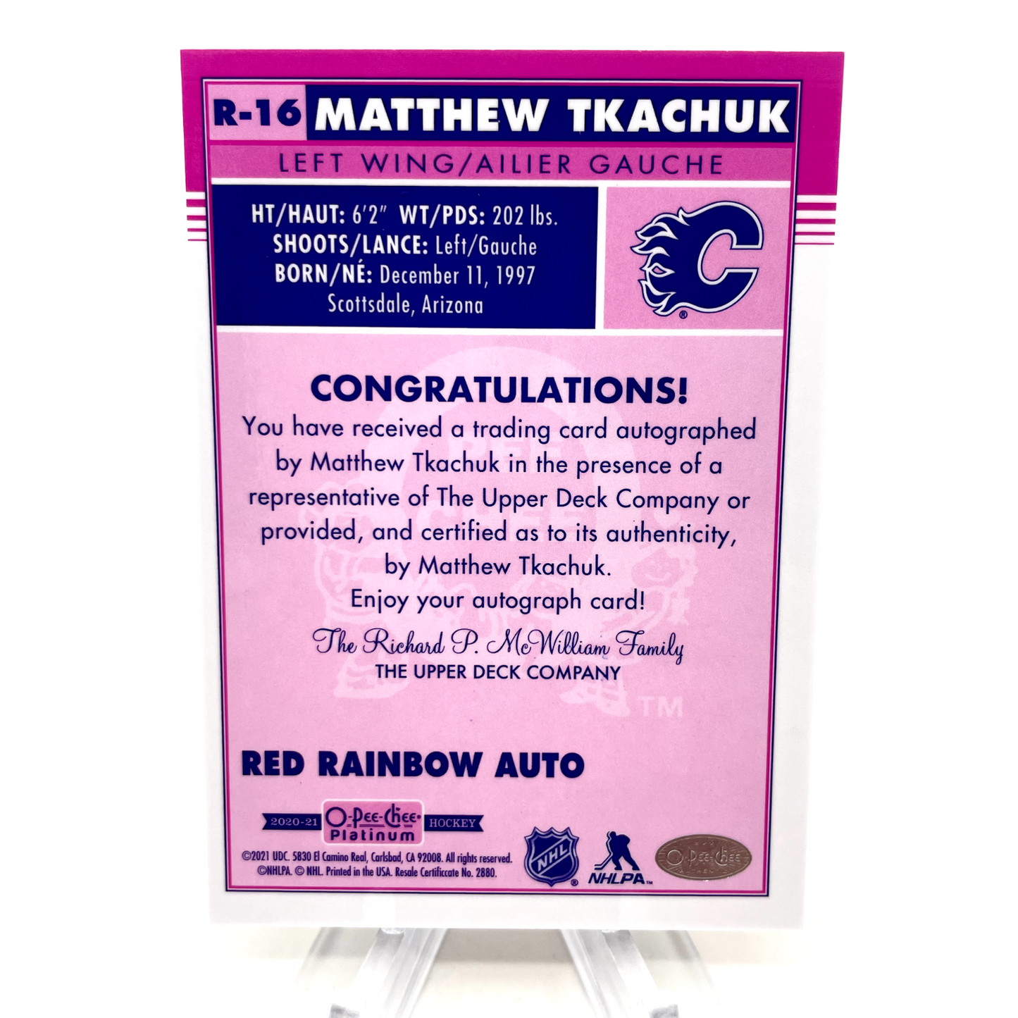 Matthew Tkachuk 2020-21 OPC O-Pee-Chee Platinum Red Retro Rainbow Auto