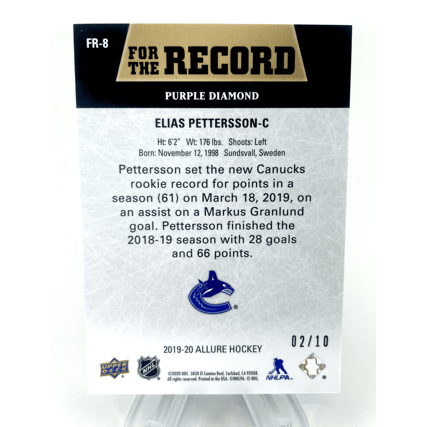 Elias Pettersson 2019-20 Allure For The Record Rookie Points Purple Diamond 4/10