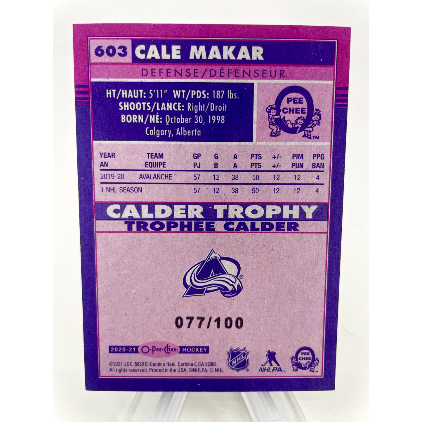 Cale Makar 2020-21 O-Pee-Chee Calder Trophy Award Winners #603 Black /100