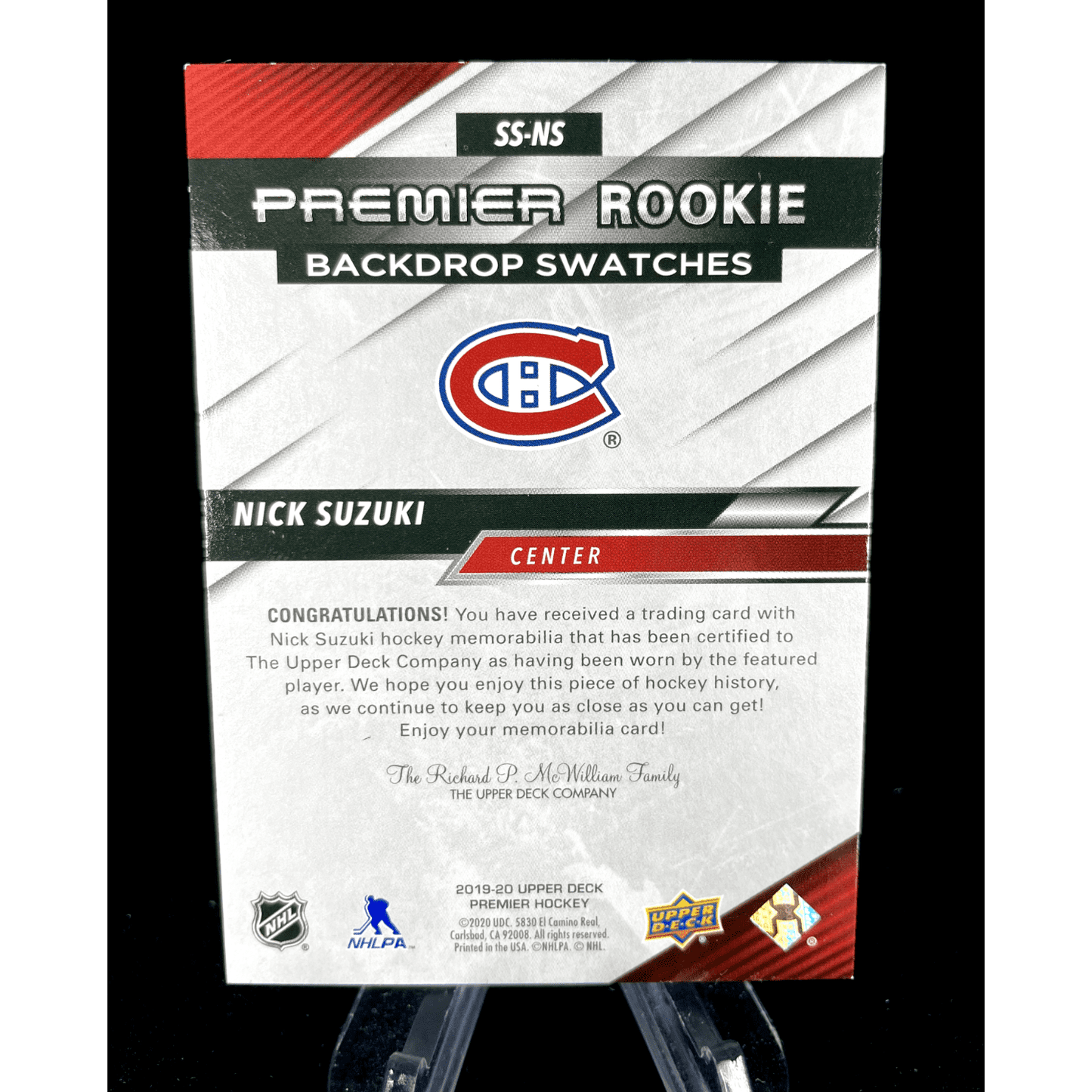 Nick Suzuki 2019-20 Upper Deck Premier Backdrop Swatches Rookie Jersey /99