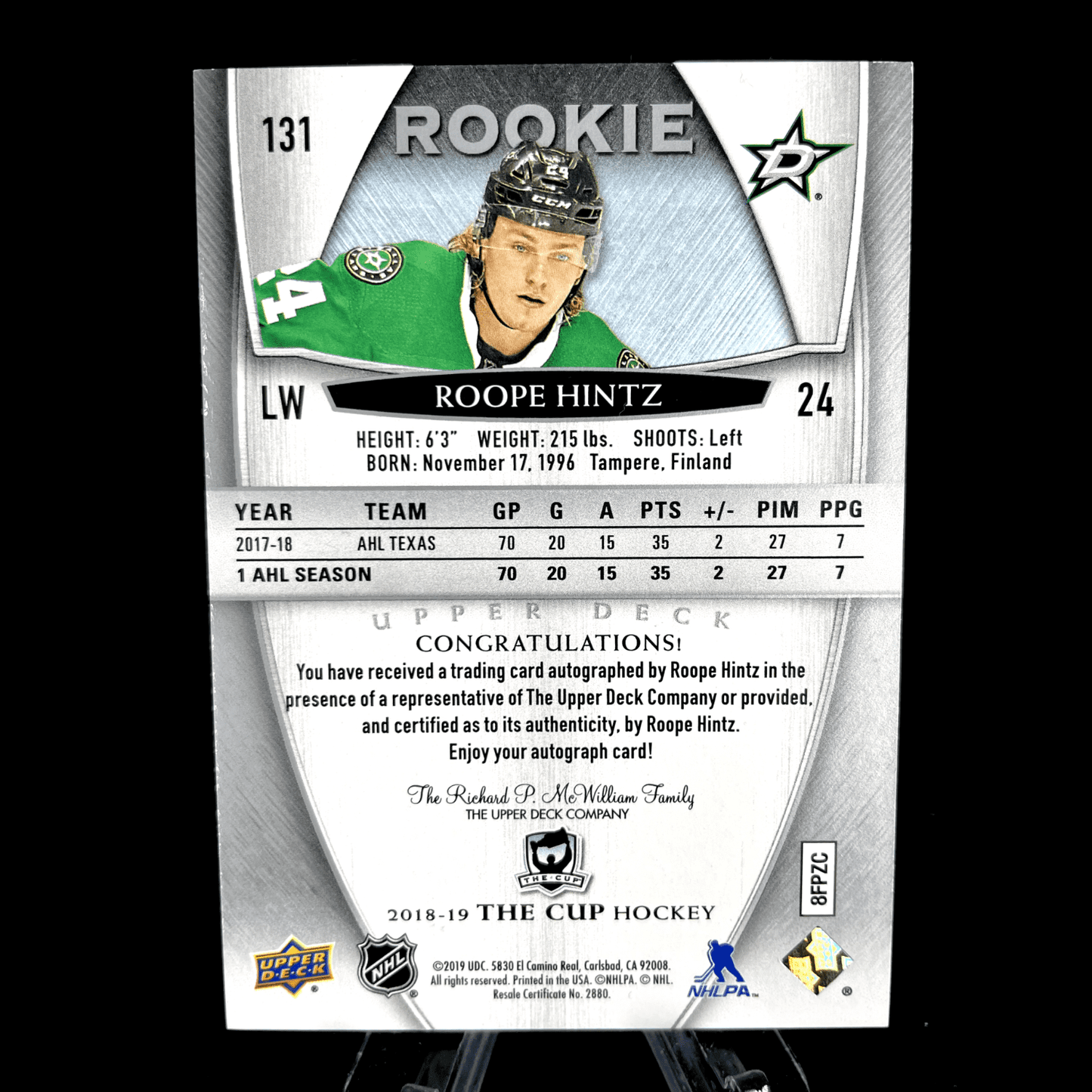 Roope Hintz 2018-19 Upper Deck The Cup Rookie Auto /249