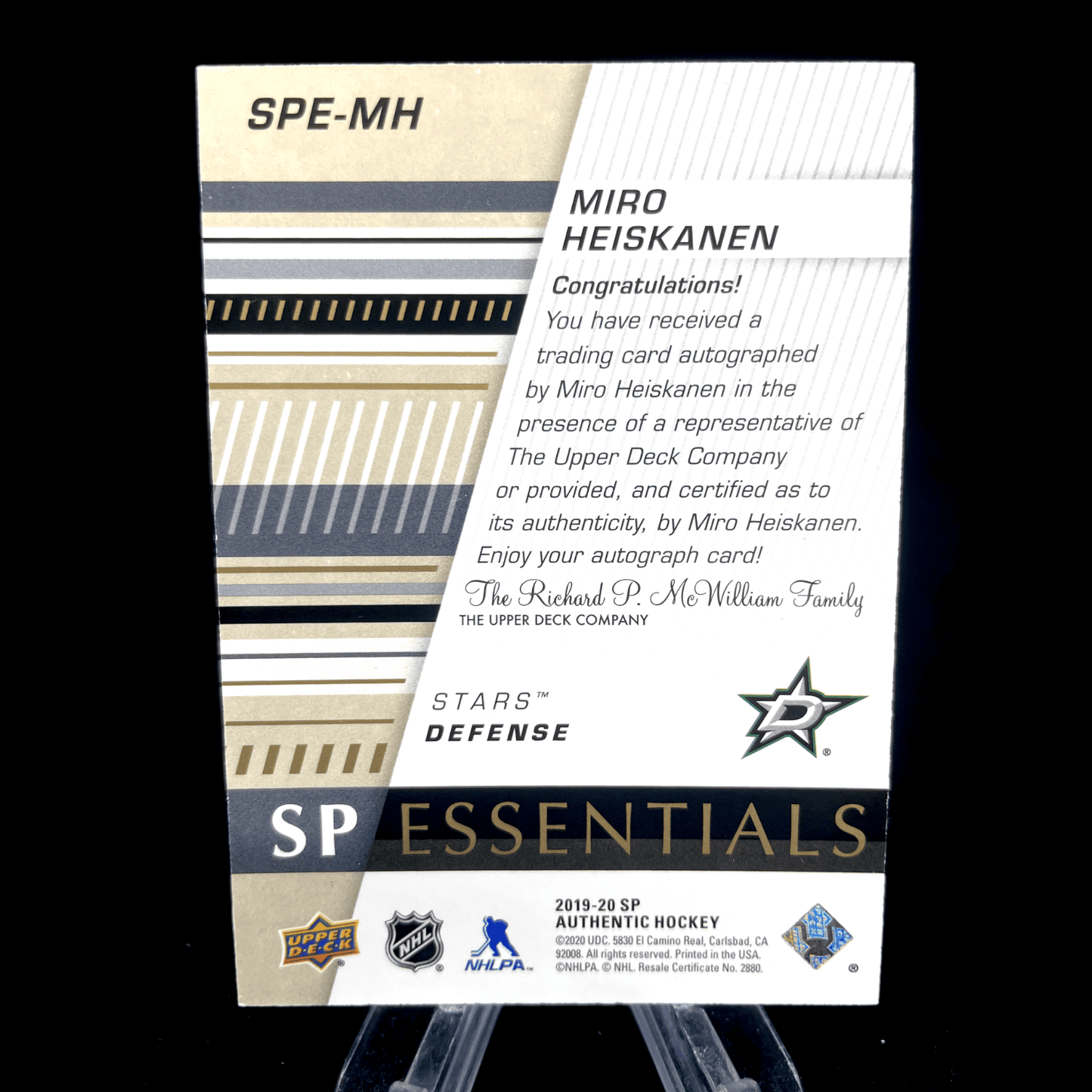 Miro Heiskanen 2019-20 Upper Deck SP Authentic Essentials Gold Auto 08/99