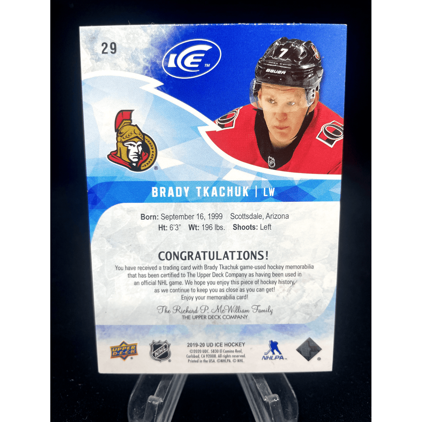 Brady Tkachuk 2019-20 Upper Deck Ice Game Used Gold Patch 10/15