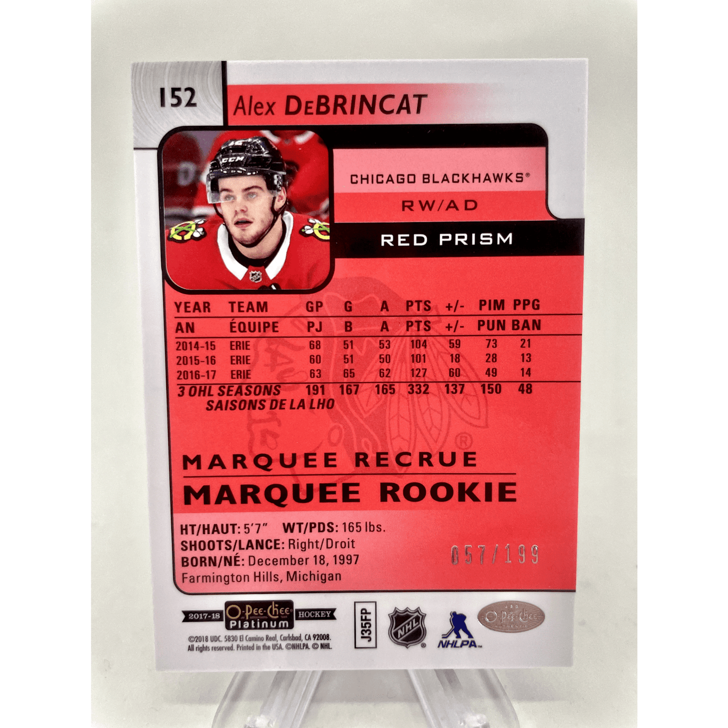 Alex Debrincat 2017-18 OPC O-Pee-Chee Platinum #152 Red Prism Rookie /199