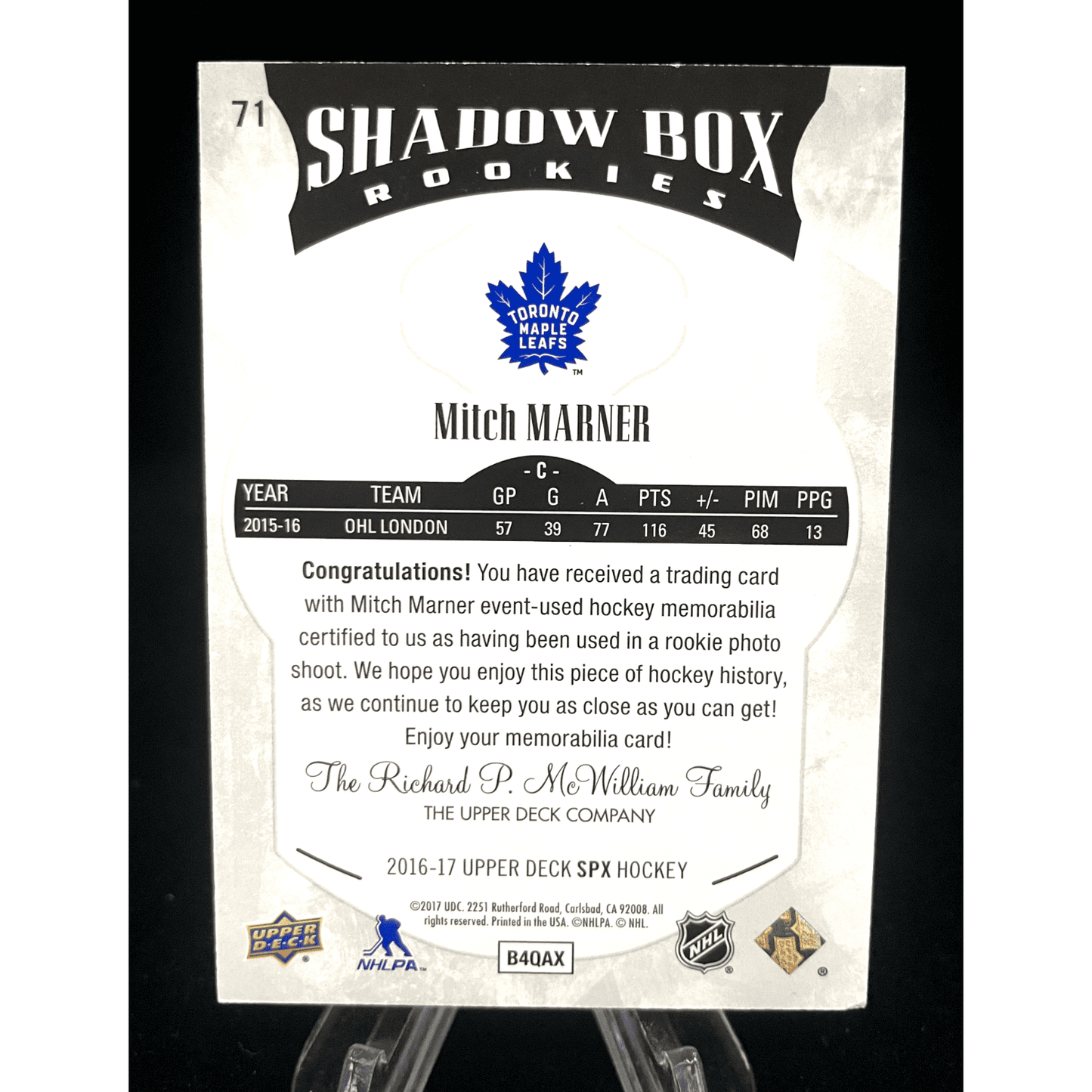 Mitch Marner 2016-17 Upper Deck SPx Shadow Box Rookie Jersey /149