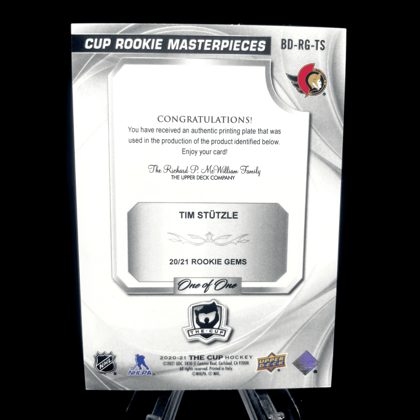 Tim Stutzle 2020-21 Upper Deck The Cup Rookie Masterpieces Printing Plate 1/1