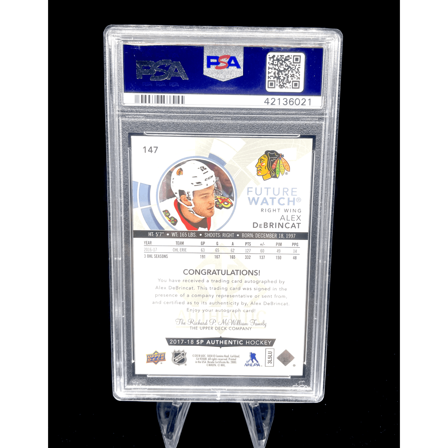 Alex Debrincat 2017-18 SP Authentic Future Watch Rookie Auto /999 PSA 10 Mint