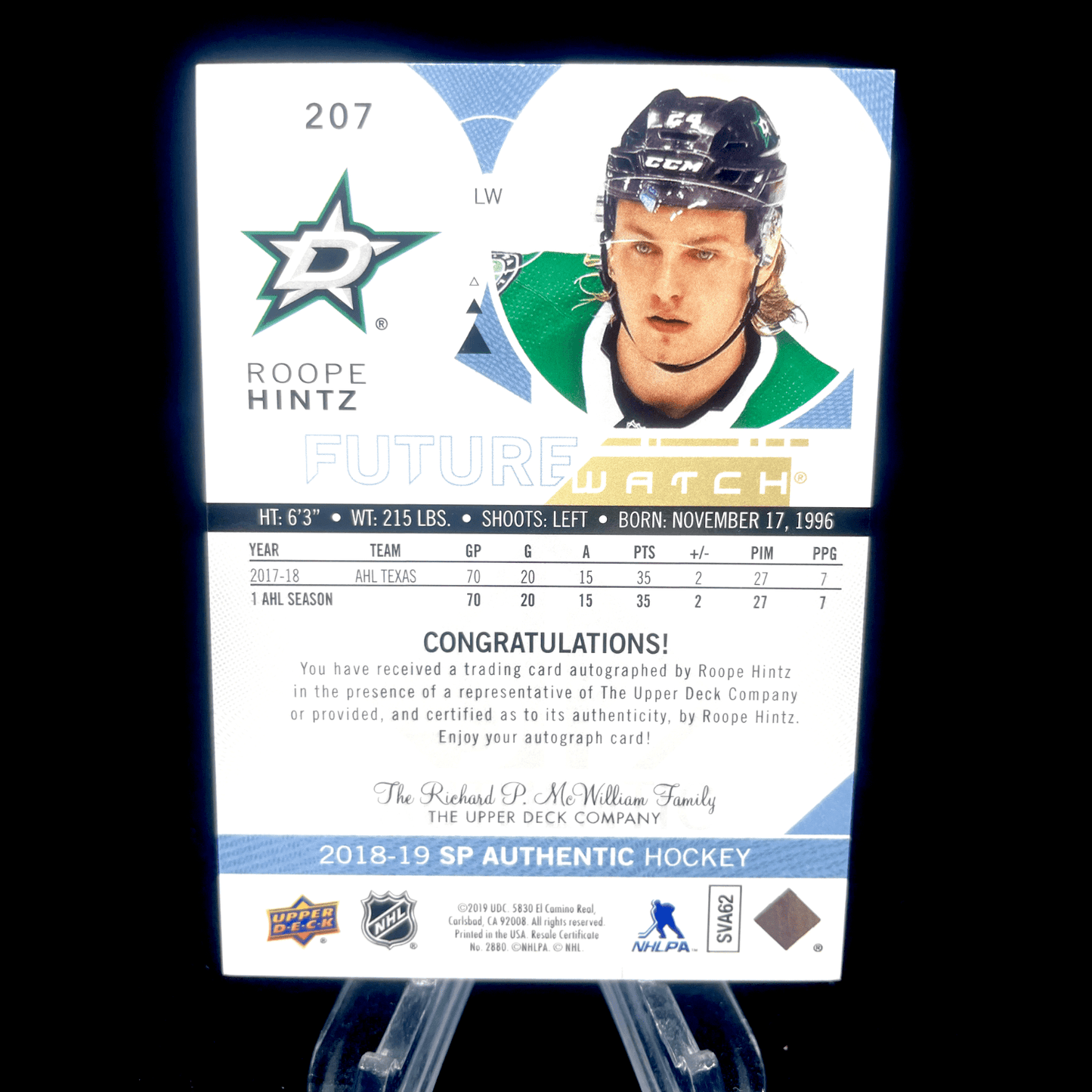 Roope Hintz 2018-19 Upper Deck SP Authentic Future Watch Rookie Auto /999