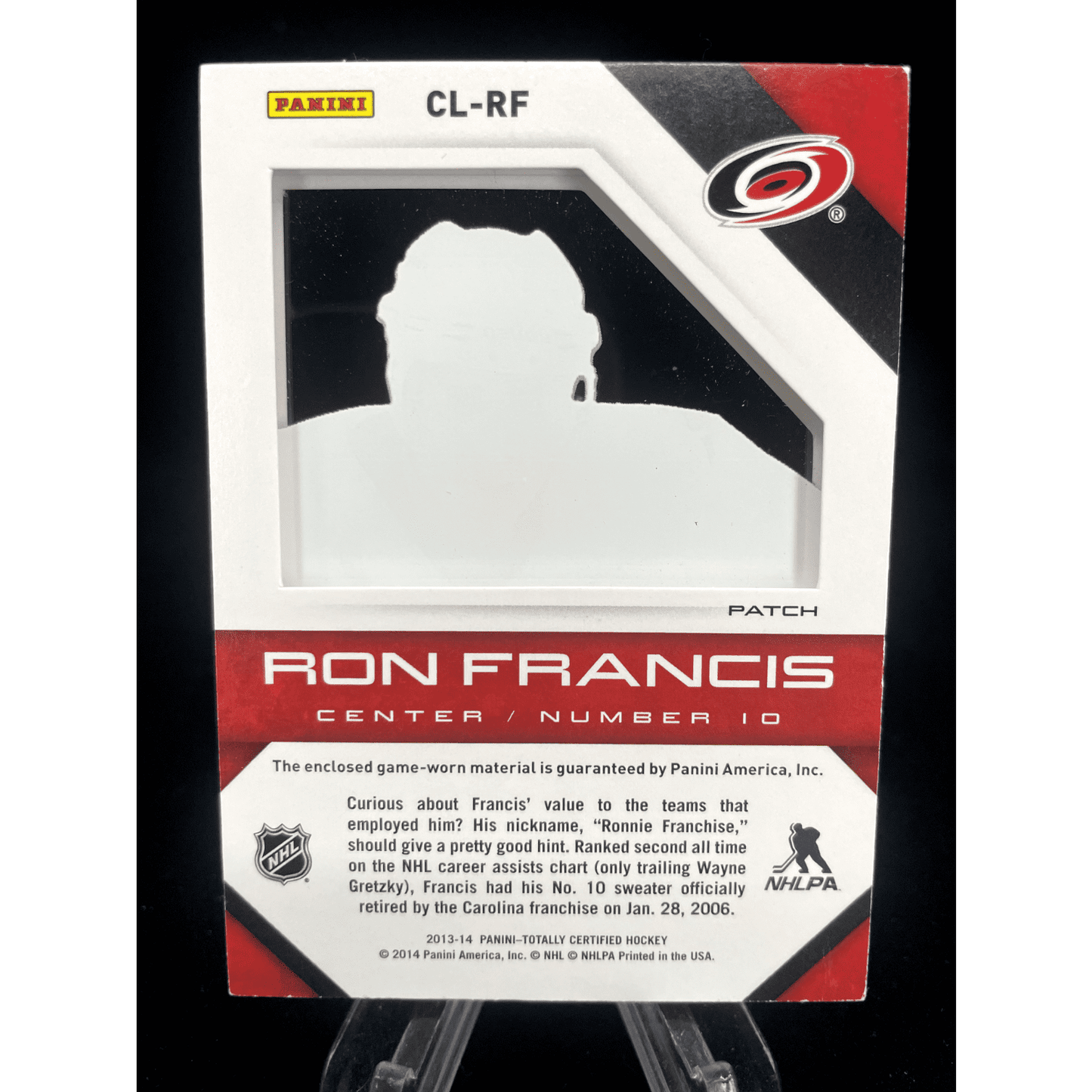 Ron Francis 2013-14 Panini Totally Certified Clear Cloth Game Used Patch /10