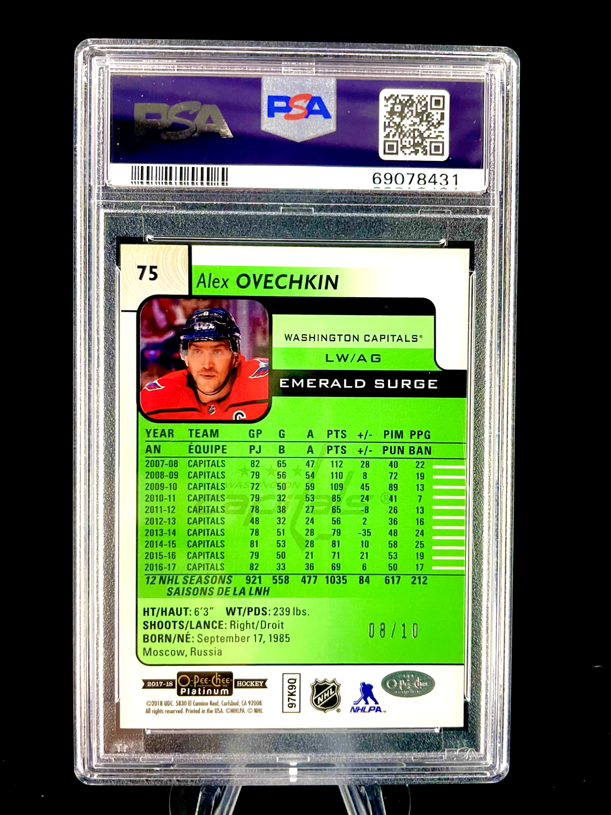 Alex Ovechkin 2017-18 O-Pee-Chee Platinum Emerald Surge 08/10 Jersey Number 1/1