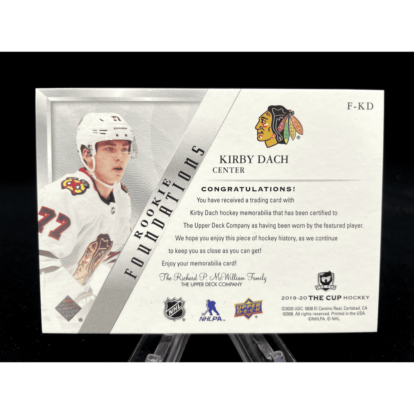 Kirby Dach 2019-20 Upper Deck The Cup Rookie Foundations Quad Jersey 55/99